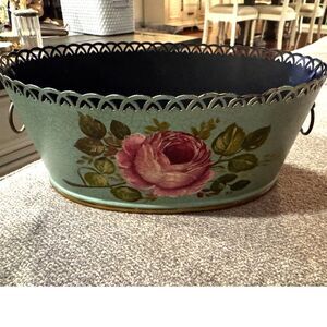 Gorgeous vintage toleware planter; shabby cottage green pink rose must see